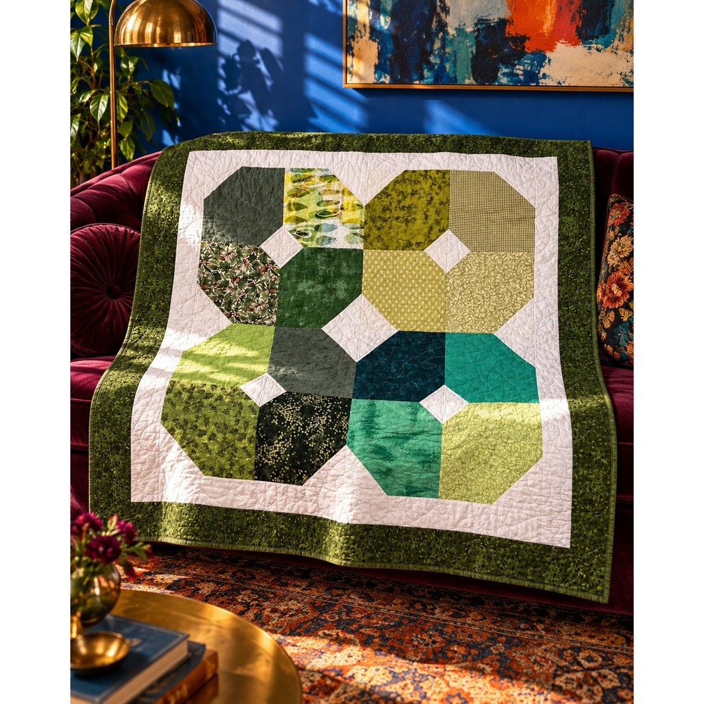 Handmade Green Patchwork Quilt Reversible Square Throw 48x48
